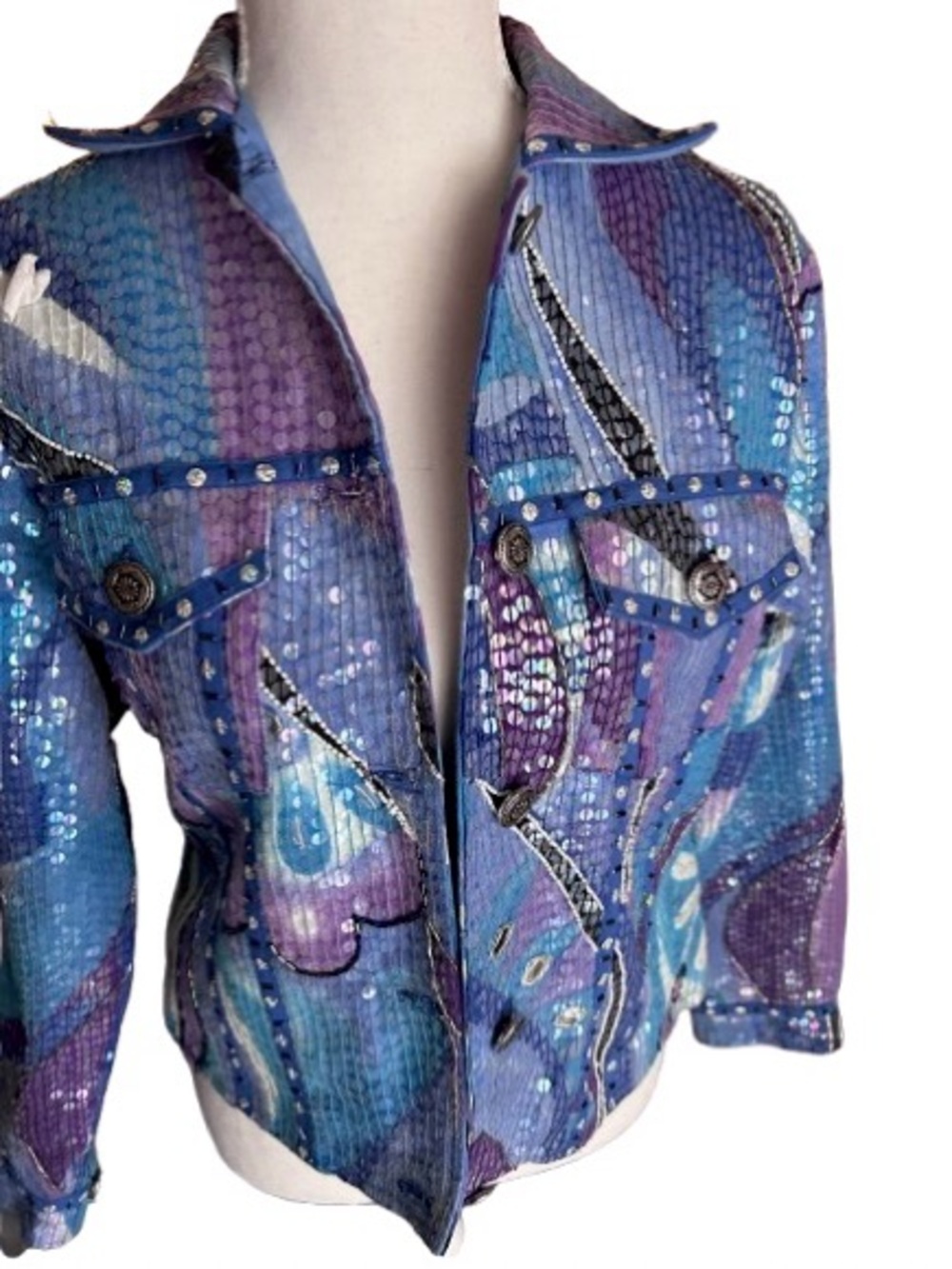 Incredible!! Vintage Cotton Sequin ANDY STARKMAN Jacket Boho Designer Floral Y2K